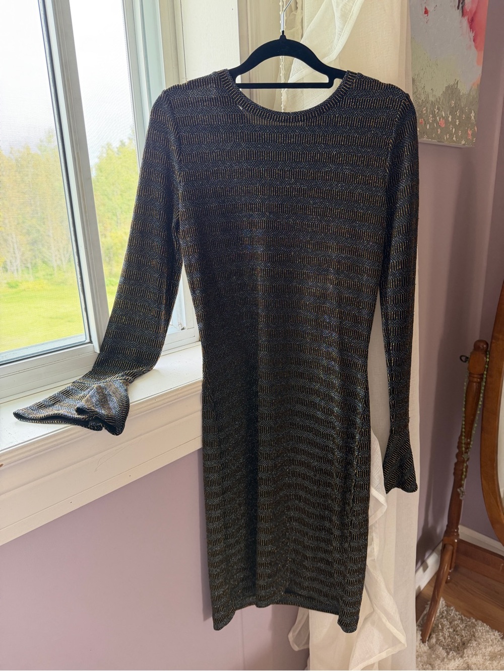 Michael Kors Black and Gold Metallic Long Sleeve Knit Dress